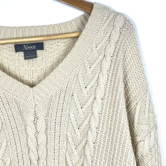 Natural Reflections V-Neck Sweater Oatmeal Cable Knit Fisherman’s Preppy Size XL - Picture 7 of 16